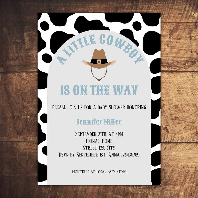 Convites Chá de fraldas de Impressão de Vaca Rodeo Ocidenta (cowboy western rodeo baby boy shower invitation cow print cowboy hat baby blue)