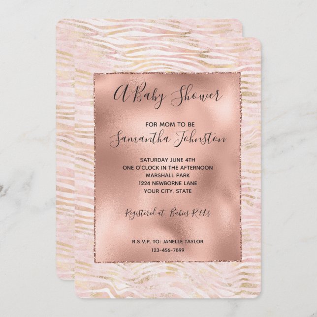 Convites Chá de fraldas de Impressão de Zebra Dourada com G (Frente/Verso)