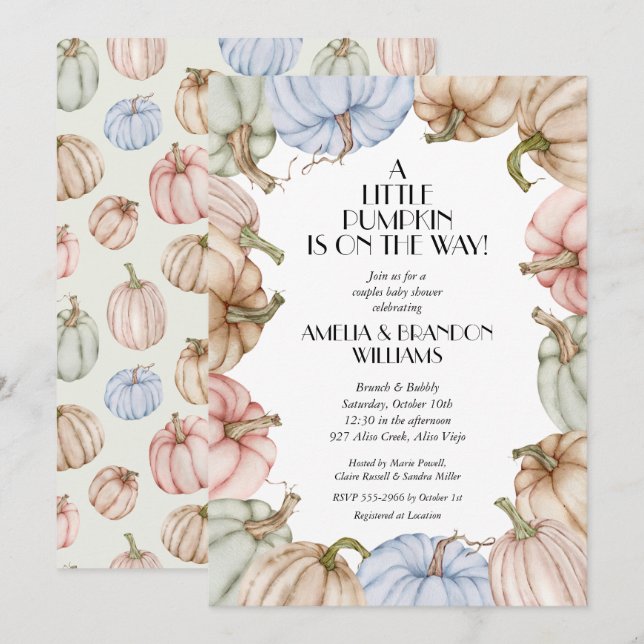 Convites Chá de fraldas de impressão do Pastel Pumpkins (Frente/Verso)