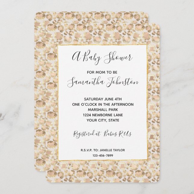 Convites Chá de fraldas de Impressão Leopardo Rosa-Rosa-Blu (Frente/Verso)