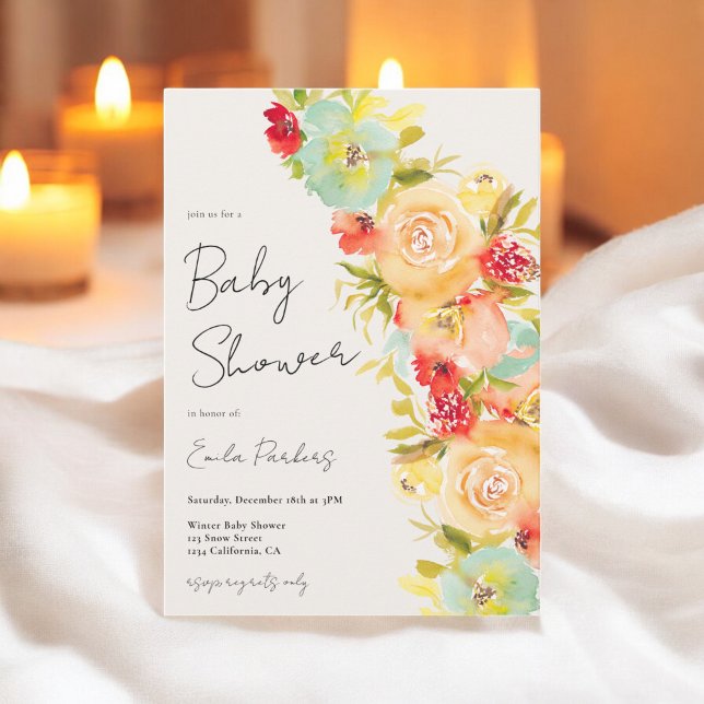 Convites Chá de fraldas de inverno azul-chic boho amarelo (Yellow boho Chic Blue Floral Winter baby shower Invitation)