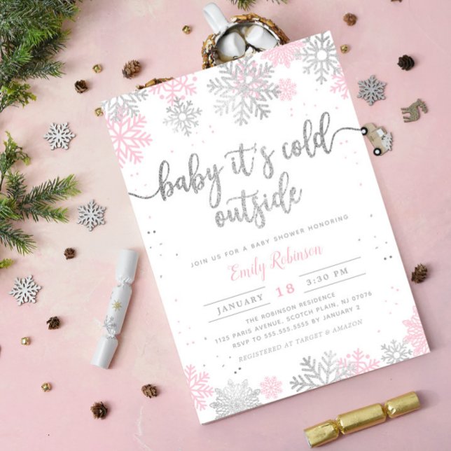 Convites Chá de fraldas De Inverno Com Floco De Neve Rosa E (Criador carregado)