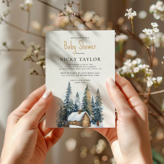 Convites Chá de fraldas de inverno com pinheiro de aquarela (Criador carregado)