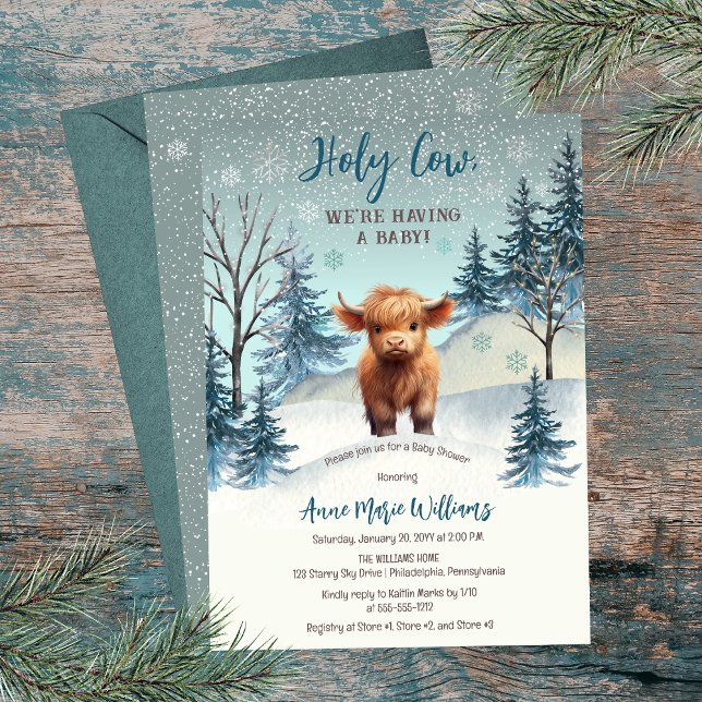 Convites Chá de fraldas de inverno da Santa Vaca da Terra S (Cute Highland Calf "Holy Cow, We're Having a Baby!" Winter Baby Shower Invitation)