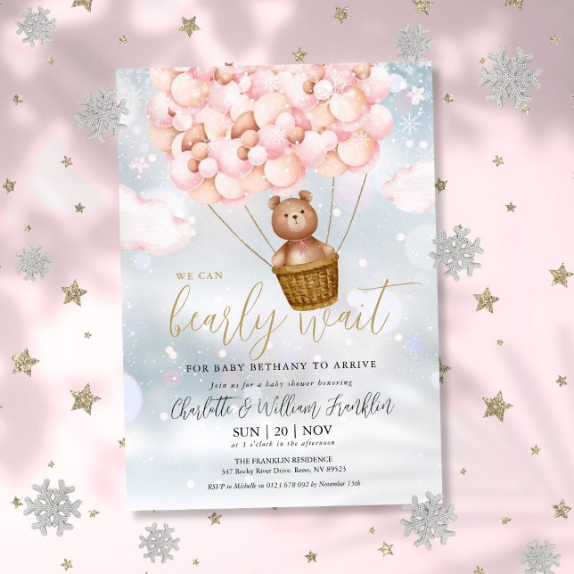 Convites Chá de fraldas de inverno da Teddy Bear Girl (Bearly Wait Teddy Bear Girl Winter Baby Shower Invitation)