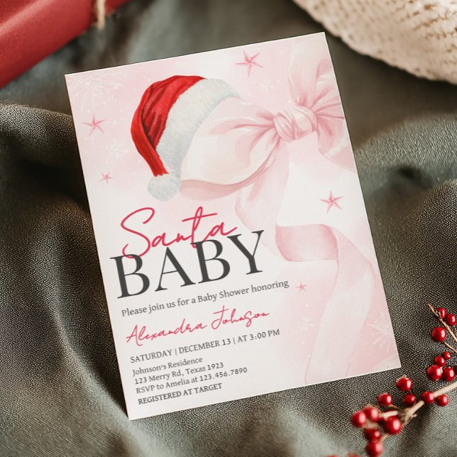 Convites Chá de fraldas de inverno de Arco rosa (Coquette Pink Bow Santa Baby Christmas Baby Shower Invitation)