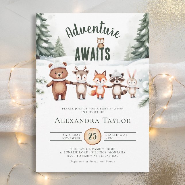 Convites Chá de fraldas de inverno para animais de madeira  (winter baby shower invitation adventure awaits woodland animals cute watercolor forest)