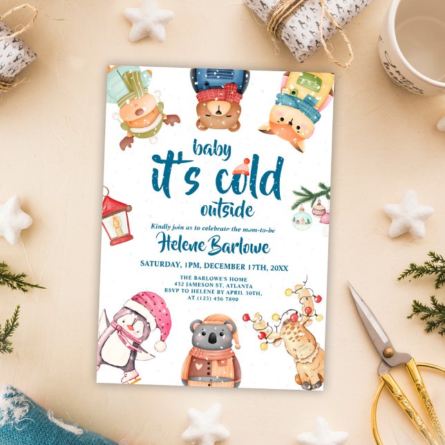 Convites Chá de fraldas de inverno para animais de madeira  (Playful Woodland Animals Cute Winter Baby Shower Invitation)