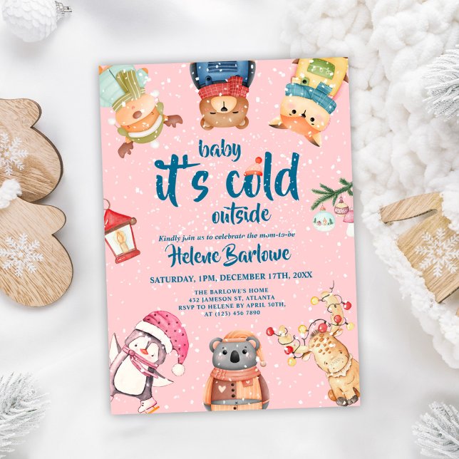 Convites Chá de fraldas de inverno para bebês de animais de (Pink Woodland Animals Baby Girl Winter Baby Shower Invitation)