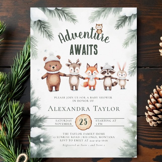 Convites Chá de fraldas de inverno para os animais de madei (winter baby shower invitation adventure awaits woodland animals cute watercolor snow cold forest)