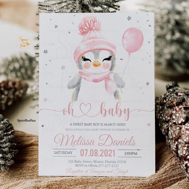 Convites Chá de fraldas de Inverno Pinguim (Penguin baby shower invitation girl, penguin baby shower girl, pink penguin baby shower invitation, )