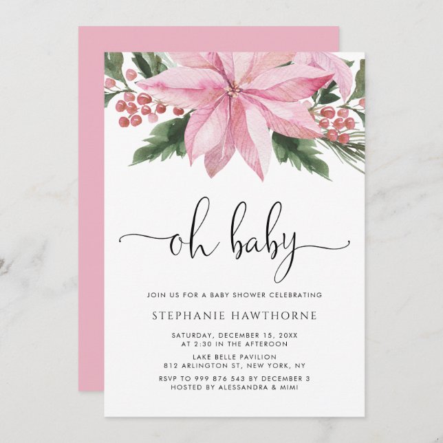 Convites Chá de fraldas de inverno Pink de Aquarela (Frente/Verso)