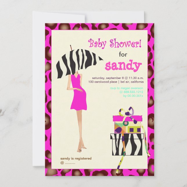 Convites chá de fraldas de Jaguar/zebra rosa-quente (Frente)