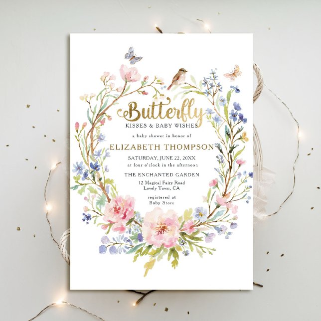 Convites Chá de fraldas de Jardim de Flores Selvagens de Bo (butterfly kisses baby shower invitation fairy enchanted garden woodland forest bird spring summer)