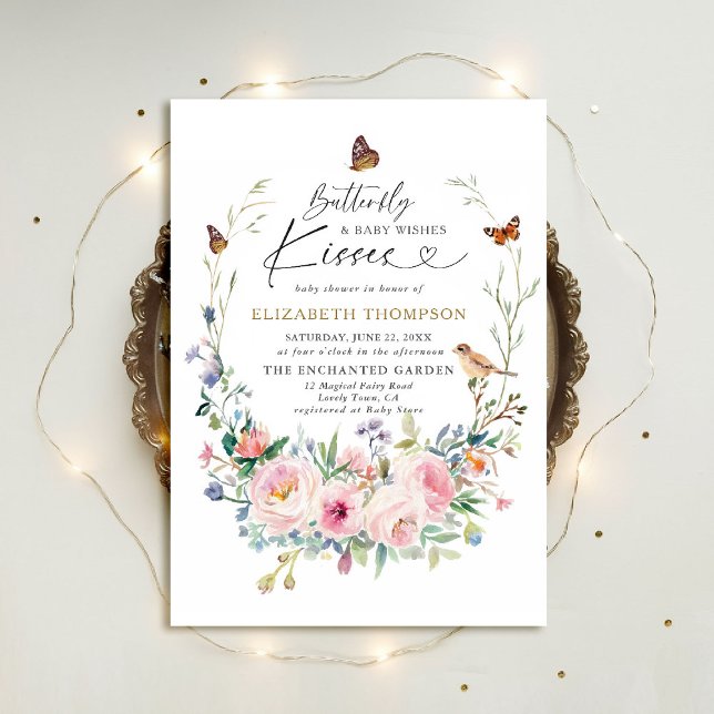 Convites Chá de fraldas de Jardim de Flores Selvagens de Bo (butterfly kisses baby shower invitation enchanted garden woodland forest bird spring summer boho)