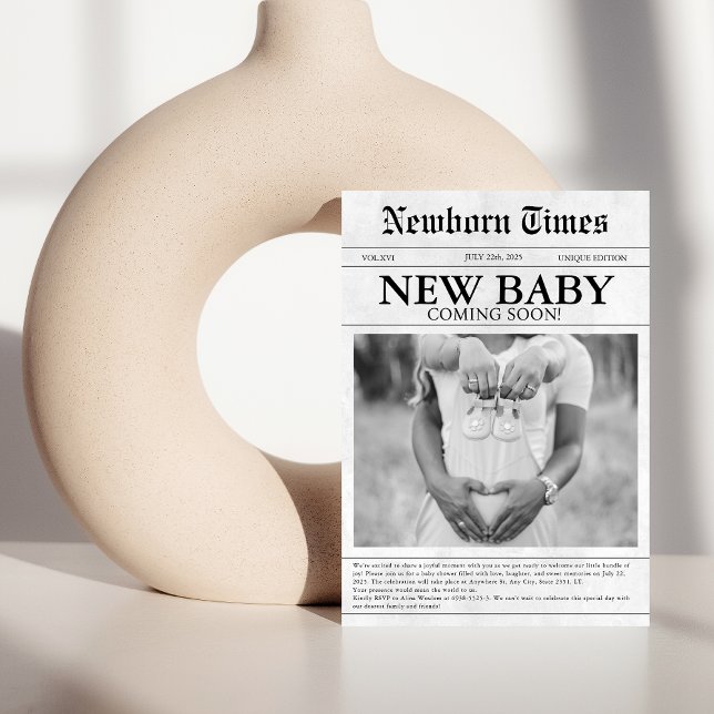 Convites Chá de fraldas de jornal preto e branco (Criador carregado)