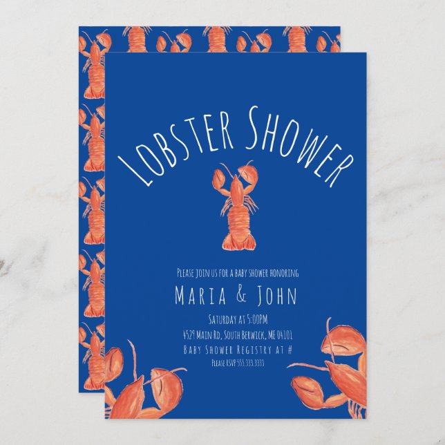 Convites Chá de fraldas de Lagosta de Aquarela Azul-carangu (Frente/Verso)