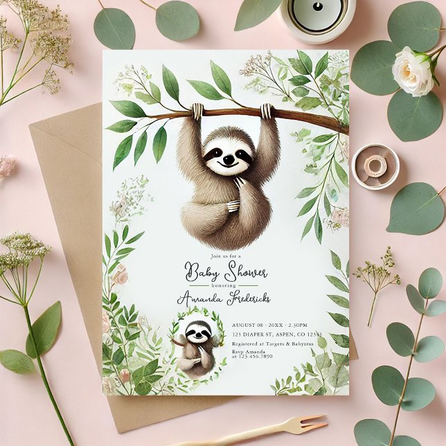 Convites Chá de fraldas de Lama Encantador (Charming Hanging Sloth Baby Shower Invitation)