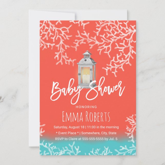 Convites Chá de fraldas de Lanterna de Praia e Coral (Frente)