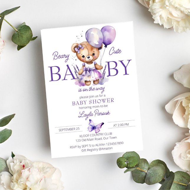 Convites Chá de fraldas de lavanda roxa de ursinho giro (Beary cute teddy bear baby shower template invitation instant digital download purple teddy bear )