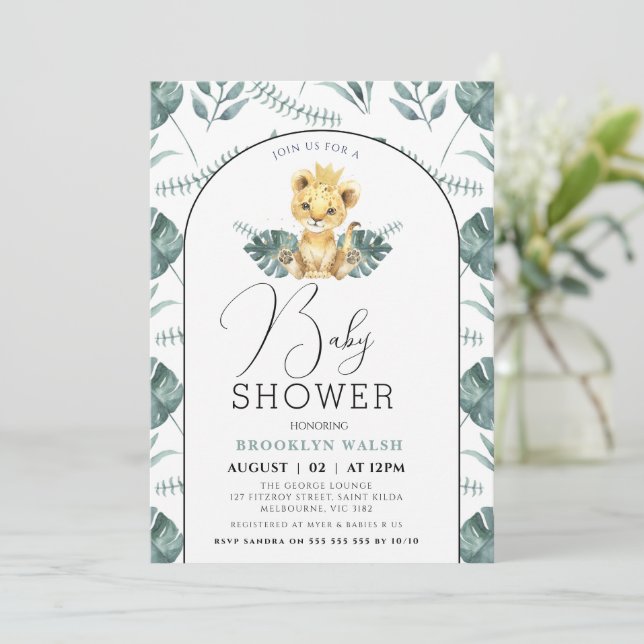 Convites Chá de fraldas de Leão de Folhagem Verde Arch (Em pé/Frente)