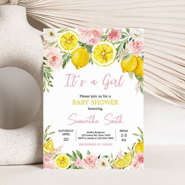 Convites Chá de fraldas de Lemon Floral Rosa (Summer Lemon Citrus Baby Shower Invitation)