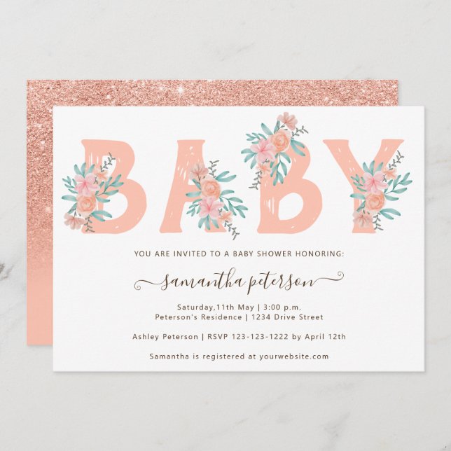 Convites Chá de fraldas de letra de água floral com brilho  (Frente/Verso)