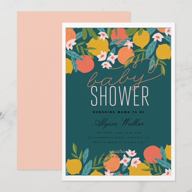 Convites Chá de fraldas de Limão Citrus Orange Cutie (Frente/Verso)