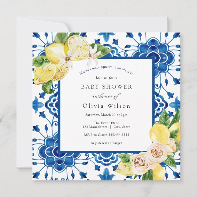 Convites Chá de fraldas de limão de aperto principal da mam (Frente)