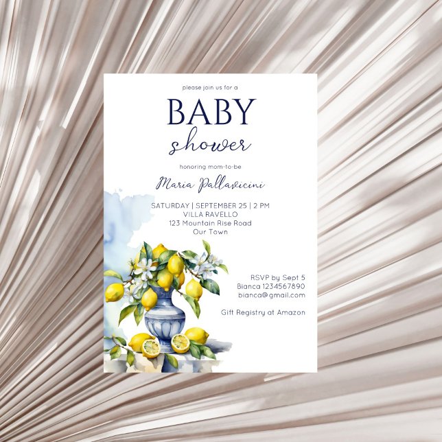 Convites Chá de fraldas de limões de vaso azul italiano Ama (Amalfi Italian blue vase lemons summer baby shower Invitation editable template instant download )