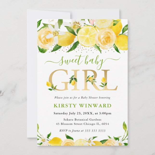 Convites Chá de fraldas de Limões Florais de Aquarela (Frente)