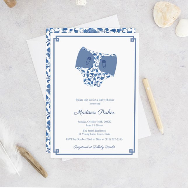 Convites Chá de fraldas de Limpeza de Fraldas Azul e Branco (Chinoiserie Chic Blue And White Diaper Theme Baby Shower Invitation)