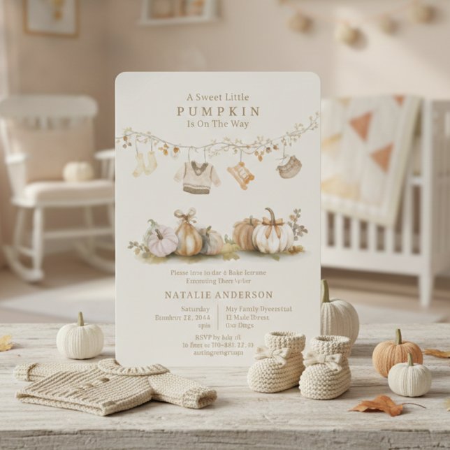 Convites Chá de fraldas de linha de estreia Elegante do Rap (Elegant Little Pumpkin Boy Clothesline Baby Shower Invitation)