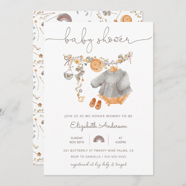 Convites Chá de fraldas de Linha de Fechamento da Baby Girl (Frente/Verso)