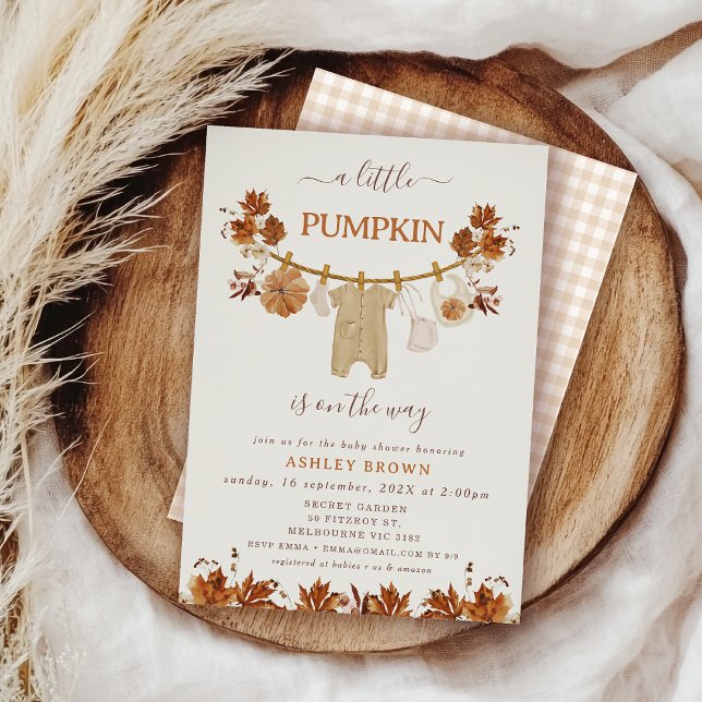 Convites Chá de fraldas de Linha de Fechamento de Folhagem  (Rustic Fall Baby Shower Invitation, Fall Baby Shower Invitation With Clothesline, Autumn Baby Shower)