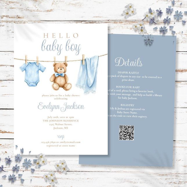 Convites Chá de fraldas De Linha De Fechamento De Menino Az (Blue Boy Clothesline Baby Shower All In One Invitation)