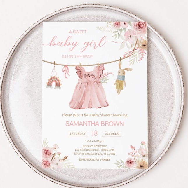 Convites Chá de fraldas de Linha de Fechamento do Boho Rosa (Sweet Baby Girl Boho Clothes Baby Shower Invitation)