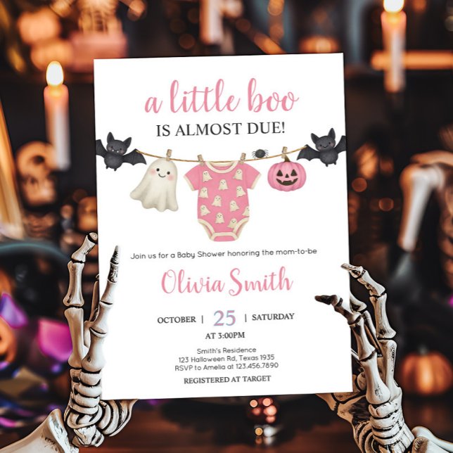 Convites Chá de fraldas de Linha de Fechamento do Pequeno B (Pink Little Boo Halloween Clothesline Baby Shower Invitation)