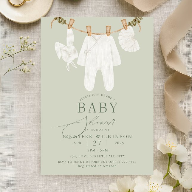 Convites Chá de fraldas de linha de roupas de boho neutro S (Sage Neutral Boho Clothes Line Baby Shower Invitation)