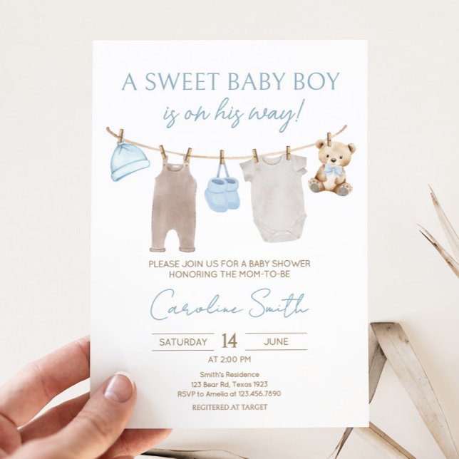 Convites Chá de fraldas de linha de tecido do bebê doce (Sweet Baby Boy Clothesline Baby Shower Invitation)