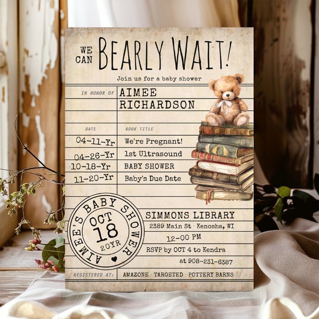 Convites Chá de fraldas de Livros de Biblioteca de Bibliote (Cute We Can Bearly Wait watercolor bear cub library card books gender neutral baby shower invitation)
