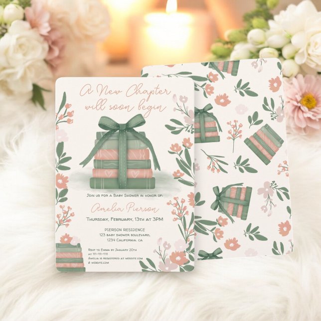 Convites Chá de fraldas de Livros do Novo Capítulo do Whims (Whimsical Sage green New Chapter Books Baby Shower Invitation)