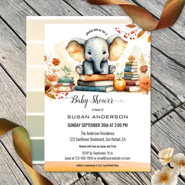 Convites Chá de fraldas de Livros Elefantes de Aquarela (A cute baby shower invitation featuring a watercolor design with a baby elephant and books)