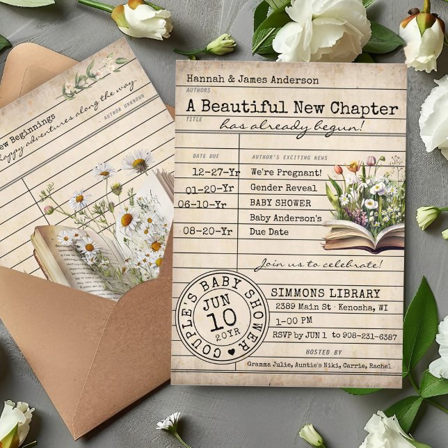Convites Chá de fraldas de Livros Florais de Biblioteca Vin (A new chapter cute vintage floral library card book theme timeline couple's baby shower invitation)