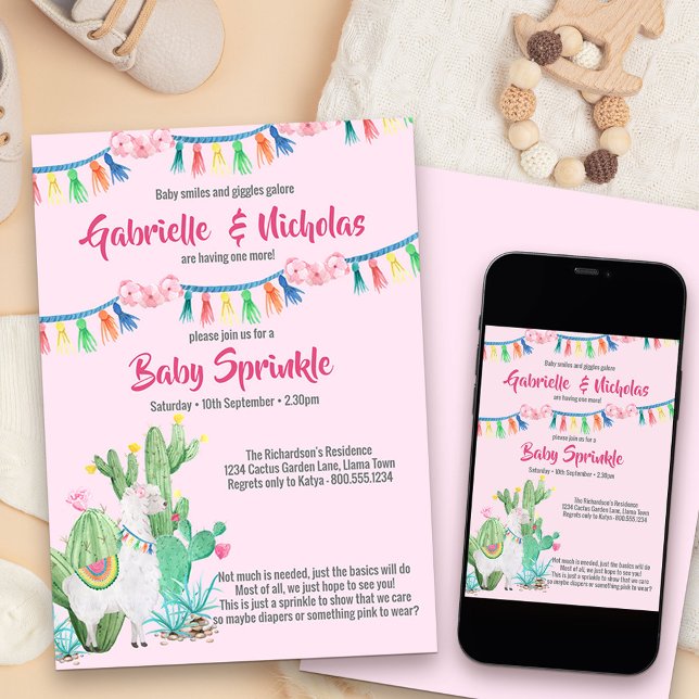 Convites Chá de fraldas de Llama Rosa Sprinkle (Cute llama and fiesta themed girls baby sprinkle invitation)