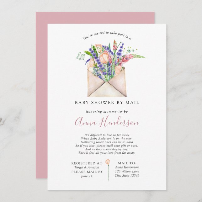 Convites Chá de fraldas de longa distância por e-mail (Frente/Verso)