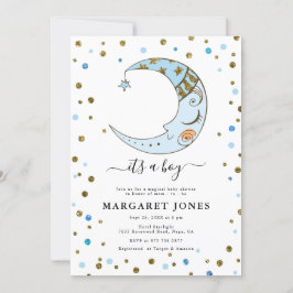 Convites Chá de fraldas de Lua Confetti Azul e Dourado