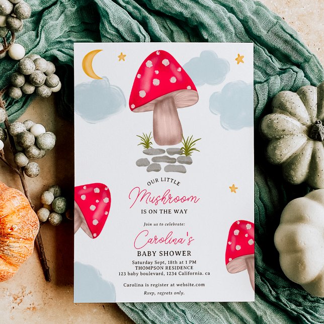 Convites Chá de fraldas de lua de cogumelo vermelho (Fall red little mushroom moon baby shower invitation)