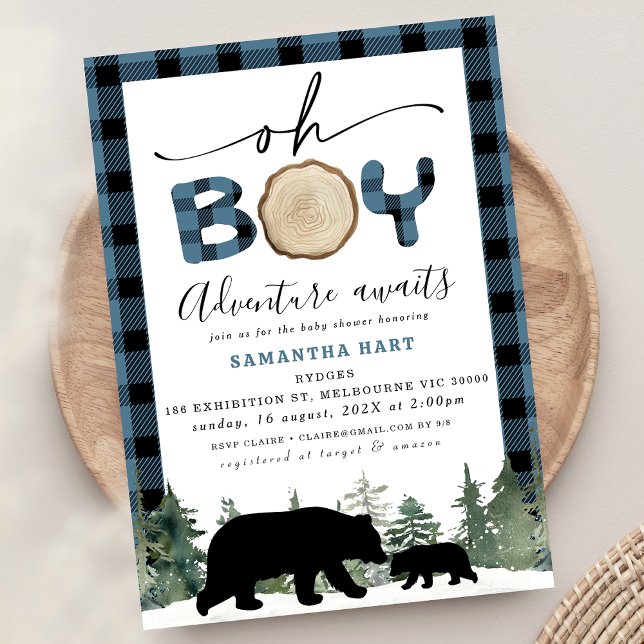 Convites Chá de fraldas de Lumberjack de Verificação de Buf (Boys Blue Buffalo Check Lumberjack Baby Shower Invitation, Oh Boy Adventure Awaits baby Shower )