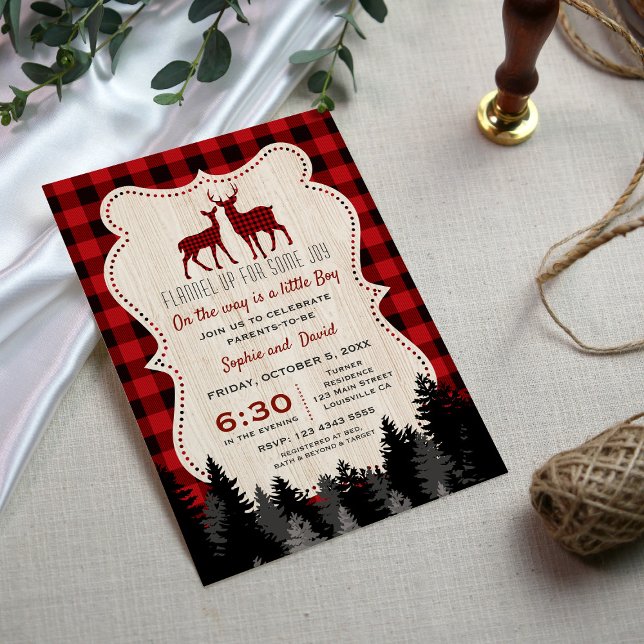 Convites Chá de fraldas de Lumberjack, um caçador encantado (lumberjack baby shower invite, little hunter baby shower invitation, red buffalo forest baby shower)